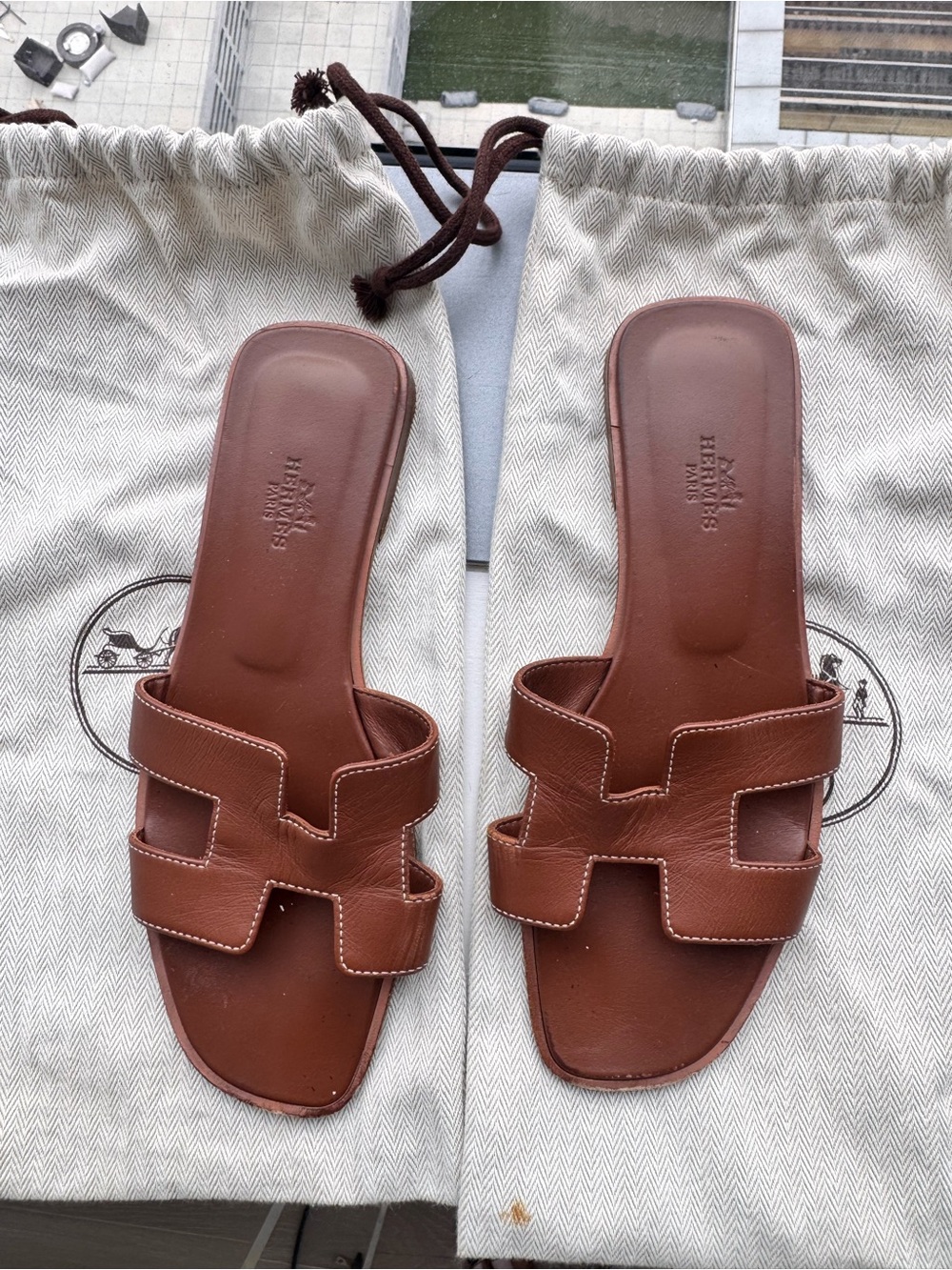 Hermes Brown Oran Leather Slide Sandals
